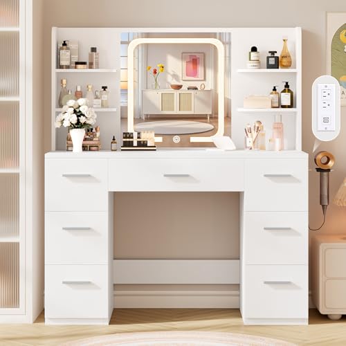 Image of LIVELYGLOW 43 inch Large White Makeup Vanity Desk with Charging Station | Smart LED Mirror, Hairdryer Holder, 7 Drawers, 4 Shelves