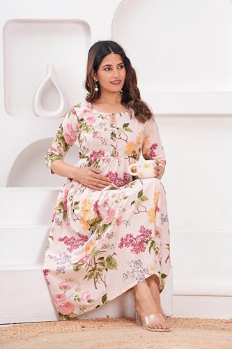 Image of JAIPURFAME Stylish Women's Pure Cotton All Over Printed Kurti Gown, Maternity Dress, and Feeding Dress - Comfortable and Elegant Maternity Wear for Women