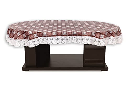 Image of The Furnishing Tree Waterproof PVC Oval Shaped 8 Seater Table Cover WxL 60x90 inches Basketweave Pattern Multicolor with White Border lace