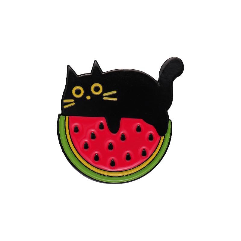 Image of Cute Black Cat Watermelon Enamel Brooch Pin Funny Novelty Cartoon Animal Fruit Lapel Pins Clothing Backpacks Jackets Collar Badges DIY Decoration Jewelry Kawaii Creative for Women Girls Boys