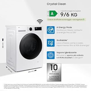 Samsung Lavasciuga Crystal WiFi WD90DG5B15BEET, 9+6 kg, Wifi, AI Ecobubble, Vapore Igienizzante, AI Energy Mode, Carica Frontale, 60L x 85H x 60P cm