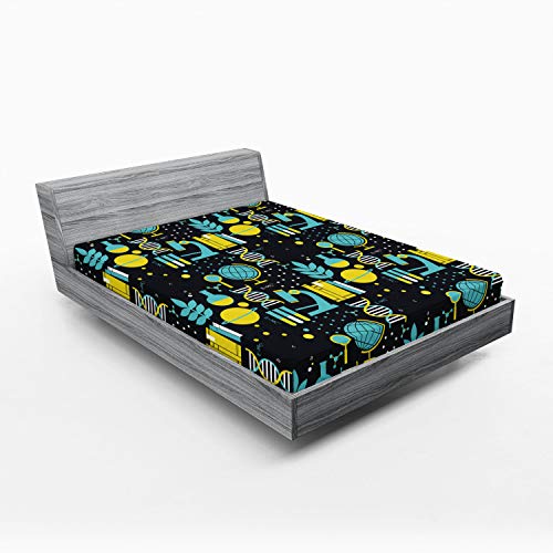 Ambesonne Astronomy Fitted Sheet, Science Themed Biology Chemistry and Physics Protons Neutrons, Bed Cover with All-Round Elastic Deep Pocket for Comfort, King Size, Turquoise Yellow and Black