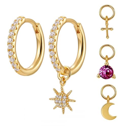 Pendientes de Aro de Oro/Plata para Mujer Pendientes Aros Plata S925 con 4 Colgantes Pequeños Pendientes Aros Pequeños Huggie Pendientes Sleeper con Circonita Cúbica para Mujer Niña (Oro)