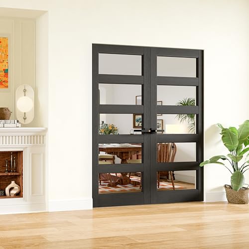 SOLRIG 48" x 80" French Doors, 5-Lite Clear Glass Interior Door with Black Door Levers, Pantry Door for Bathroom Bedroom Pantry Laundry Closet Door, Easy to Assemble, Need to Bore Holes