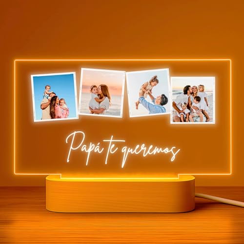 Cristal Plaque   Lámpara Personalizada con 4 Fotos y Mensaje | Placa Metacrilato con Luz LED | Base de Madera USB | Regalo Original para Cumpleaños, Boda y Papá