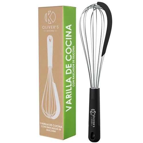 Oliver's Kitchen ® Varillas Cocina - Batidora Manual con Rascador de Silicona para Ayudarte en la Mezcla y Raspar las Paredes del Bol - Varilla para Batir Huevos, Mezclar y Amasar - Fácil de limpiar