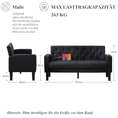 GRAVFORCE Sofa 2 Sitzer Couch mit 2 Ladeports und 2 Becherhaltern 157cm 2er Sofa Klein für Jugendzimmer, Wohnzimmer, Wohnung, Büro, Einfache Montage Kunstleder Schwarz
