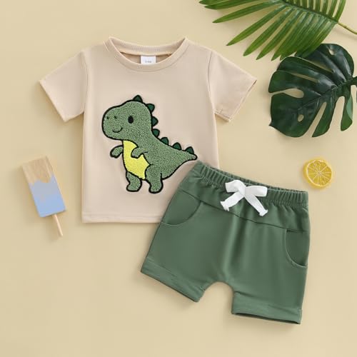 fhutpw Toddler Baby Boy Summer Clothes Embroidery T-Shirt Casual Shorts Sets Infant Truck Excavator Dinosaur Pattern Outfits3