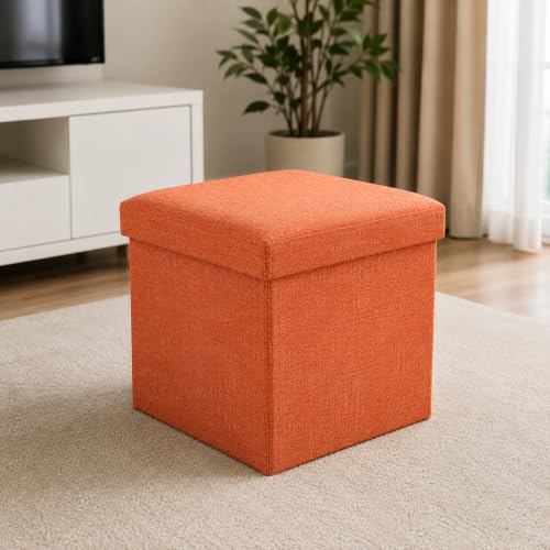 Folding Storage Ottoman Cube Stool, Linen Fabric Footrest Bench w...