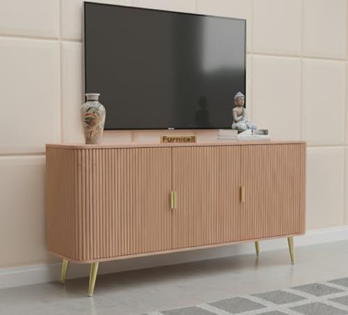 Image of Wooden Sideboard Cabinet for Living Room | Side Board Crockery Cabinet with 3 Doors Storage for Dining, Drawing and Home Office | HDMR Premium Wood & Iron, Taupe