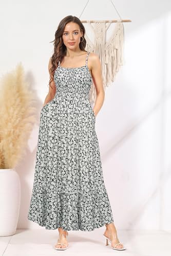 Image of GRACE KARIN Summer Dresses for Women 2026 Vacation,Smocked Floral Maxi Dress,Boho Beach Sundress with Pocket Fashion Clothing