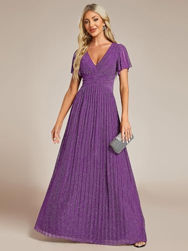 Image of Ever-Pretty Women's V-Neck Glitter Formal Dresses Pleated Short Sleeves Floor Length A-Line Mother of Bride Dress 11961
