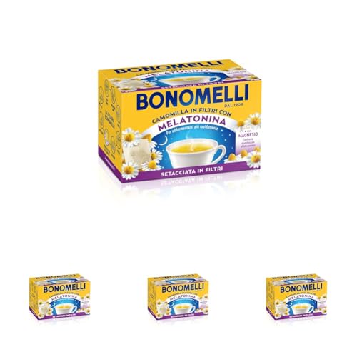 Bonomelli Camomilla Setacciata con Melatonina e Magnesio 14 Bustine, Contro Stanchezza e Affaticamento, Infuso Rilassante (35g) (Confezione da 4)