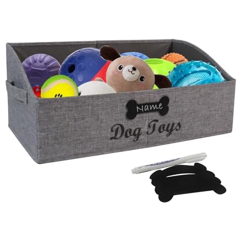Yomjarl Trapezoid Dog Toy Bin Large Dog Toy Basket Collapsible Fabric Dog Toy Storage Dog Stuff Organizer for Pet Toys,Blankets,Leash,Harness-Can be Personalized-Gray Cover