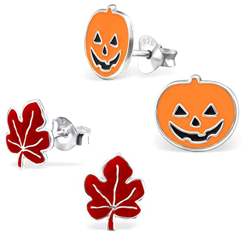 ICYROSE set of 2 925 Sterling Silver Fall Red Maple Leaf Oreange Pumpkin Stud Earrings (Nickel Free)