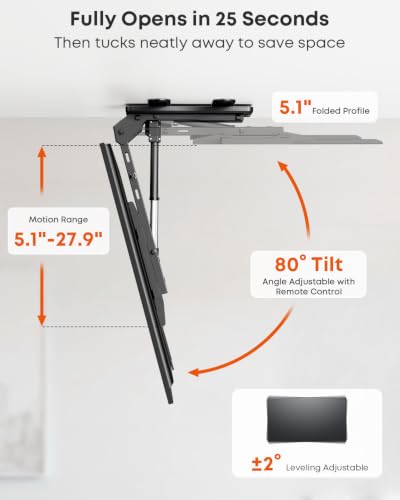 Image of Motorized Ceiling TV Mount with Remote for 37-75'' TVs, Flip Down, Black | Include VESA Extender, Sapcing Saving, Fits Flat and Pitched Roof, Electric Drop Down, Max VESA 600x400 mm, Max holds 99lbs