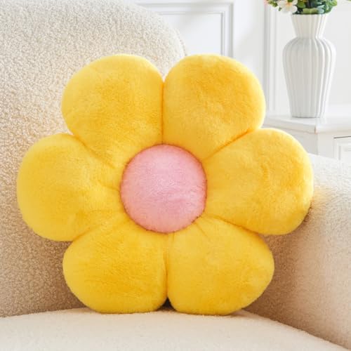 Mepherl Yellow Flower Pillow, Soft Daisy Shaped Throw Pillows with Faux Rabbit Fur for Home Decorative,Cute Flower Throw Pillow Cushion for Bed Sofa Couch (Small - 15.7 Inch)