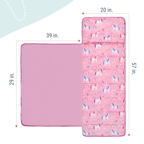 Image of Wildkin Kids Velour Nap Mat for Girls - Soft & Cozy Toddler Sleep Mat with Built-in Blanket for Daycare, Preschool, Kindergarten & Travel, Ages 3-7, Machine Washable - Rainbow Unicorns