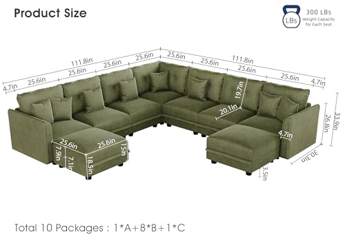Image of LLappuil Modular Sectional Sofa with Storage, U-Shaped 9-Seat Corduroy Couch with 8 Throw Pillows, Pet-Friendly Convertible Pit Sofa for Living Room, Skin-Friendly & Soft, Green