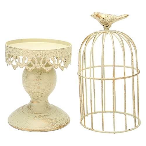 Respicefinem Birdcage Candle Holder Decorative Metal Candlestick for Home Desktop Decoration with Retro Shabby Style and Elegant Lace Pillars