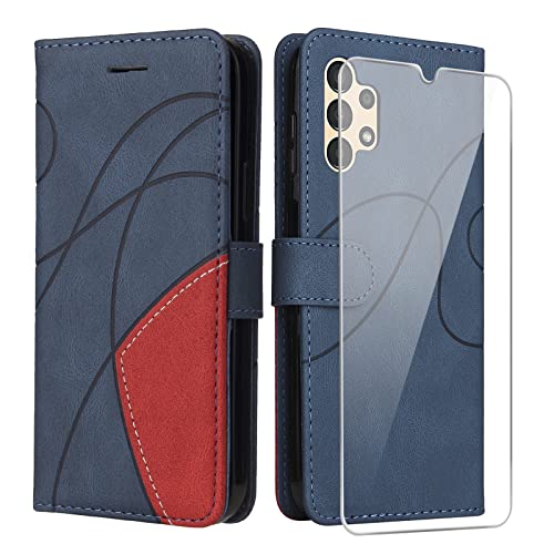 jrester Coque pour Samsung Galaxy A13 4G, Couleur Combinaison (Bleu et Rouge) Modèle PU Cuir à Rabat Flip Housse Étui avec Un Verre Trempé Film Protection Écran pour Samsung Galaxy A13 4G