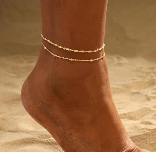 2/3 PCS Gold Anklets for Women Waterproof Cuban Link Anklet Beaded Bracelets Stackable Bracelets 14K Gold Plated Custom Jewelry Gifts Non Tarnish Lightweight2