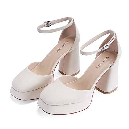 Modatope Beige White Platform Heels Women Block Heel Close Toe Platform Pumps With Ankle Strap Square Toe High Heel Platform Sandals For Women Size 8.5 #TOP5