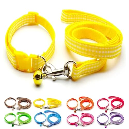 Small Dog Puppy Pet Collar and Lead Set Check Design Nylon Adjustable Size 19-32cm Collar with Bell and 120cm Leash Yellow