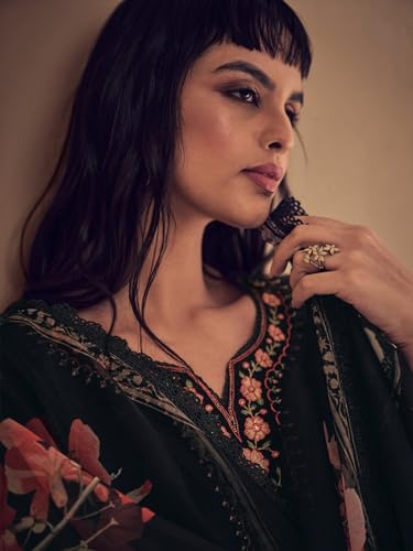 Image of INDO ERA Women Black Embroidered Straight Kurta Trousers With Dupatta set