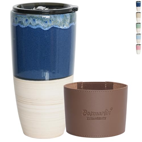 Bosmarlin Ceramic Travel Coffee Cup with Lid, 21 oz, Portable Coffee Mug for Car Cup Holder, Microwave and Dishwasher Safe, Reactive Glaze (Deep Blue)