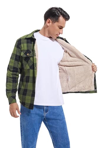 Men's Sherpa Lined Cotton Flannel Shirt Jacket Plaid Button Up Jacket Coat for Men with Pocket3