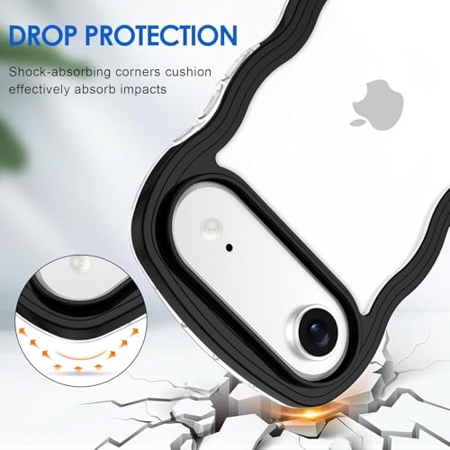 Image of GoldKart iPhone 17 Air Case Wavy Edge Clear Back Design, Anti-Slip Grip Cute Wave Curly Frame Shape Shockproof Soft TPU & Hard PC Bumper Protective Phone Case Cover for Women Girls - Black