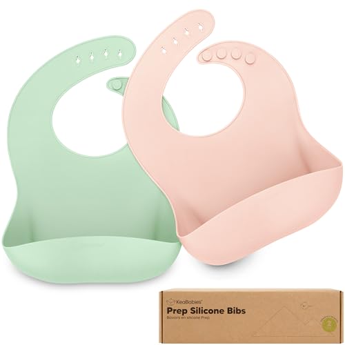 Image of KeaBabies 2-Pack Silicone Baby Bibs for Eating - Sturdy Food-Grade Silicone Bibs for Babies Girl, Boy, Large Food Catcher, Clean & Put On Easily, Waterproof Toddler Feeding Essentials (Mellow)