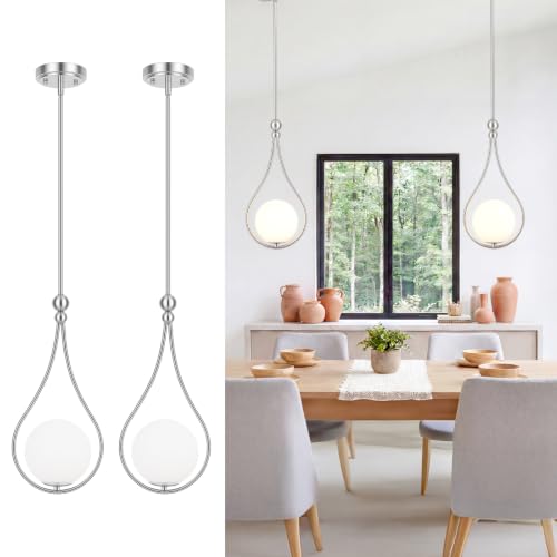 Image of Nickel Pendant Lights Kitchen Island with Milky White Globe Glass, 3 Pack | Mid Century Adjustable Hanging Pendant Light Fixtures