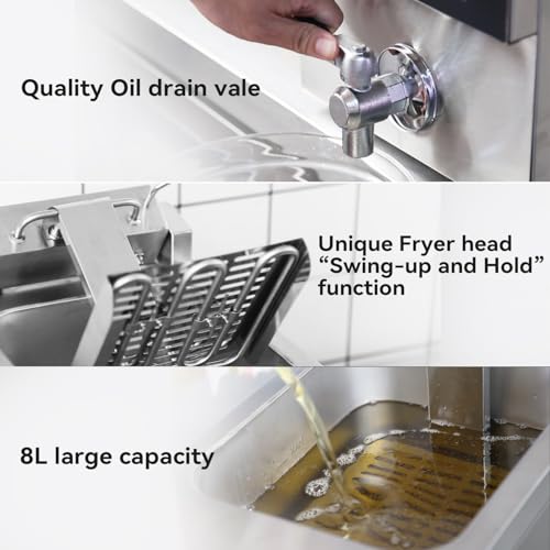 CROSSON Friteuse Electrique Professionnelle en acier inoxydable 8L,230V/3250W Friteuse a Huile électrique avec Robinet,Régulateur de Température 80℃-200℃,avec Panier et Couvercle – Image 6