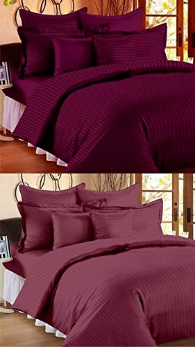 Image of Combo Pack of 2 Cotton Satin Stripes Plain Bedsheets for Double Bed with 4 Pillow Covers for Home, Hotels Rooms, Guest House (Color- Maroon & Wine)