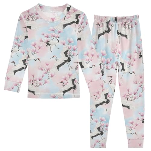 Pajama Sets Long Sleeve Elegant Cranes and Blossoms Soft Comfy Sleepwear 2 Piece PJS 3-8T