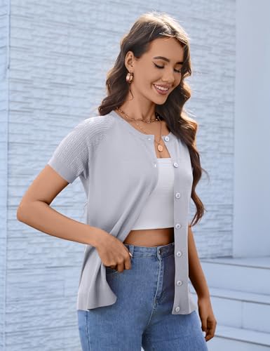 Image of FreshNight Women's 2025 Short Sleeve Cardigan Button Up Hollowed Out Crewneck Shrug Sweaters Knit Sweater Tops Lightweight
