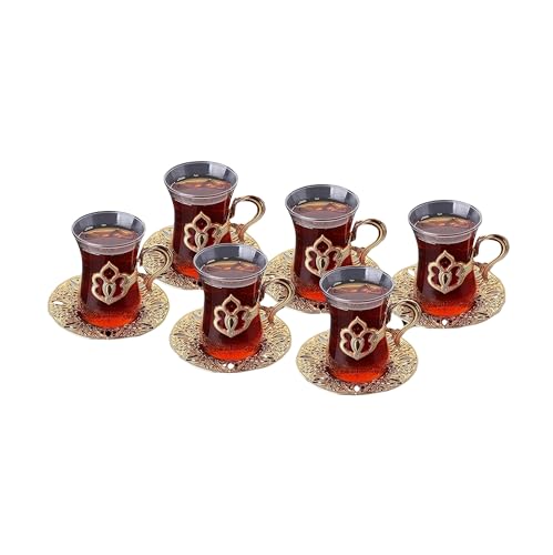 LaModaHome Vintage Handmade Turkish Tea Glasses with Saucer and Holders, Ottoman and Arabic Cups Set of 6 for Serving Guests, Teatime, Dinner, Housewarming Gifts, Events, Parties, Tableware - Gold