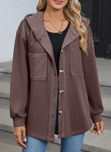 Image of SHEWIN Womens Shacket Casual Fall Jackets Hooded Loose Long Sleeve Tops Button Down Coat