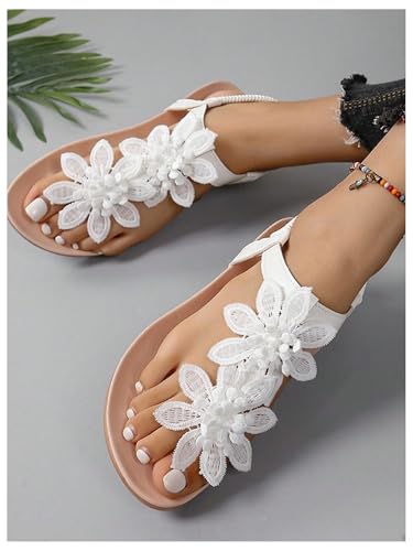 GORGLITTER Women's Flower Flat Sandals Wedding Sandals for Bride T-Strap Thongs Open Toe Summer Beach Shoes4