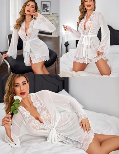 Image of Avidlove Women Lace Kimono Robe Sexy Lingerie Mesh Chemise Cover Up Sets