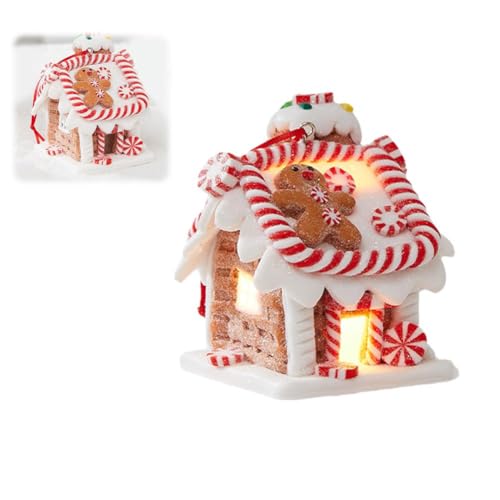 Adorno LED de casa de jengibre, colgante de árbol de Navidad de resina con blanco cálido para luces de Navidad, mini árbol, decoración para colgar