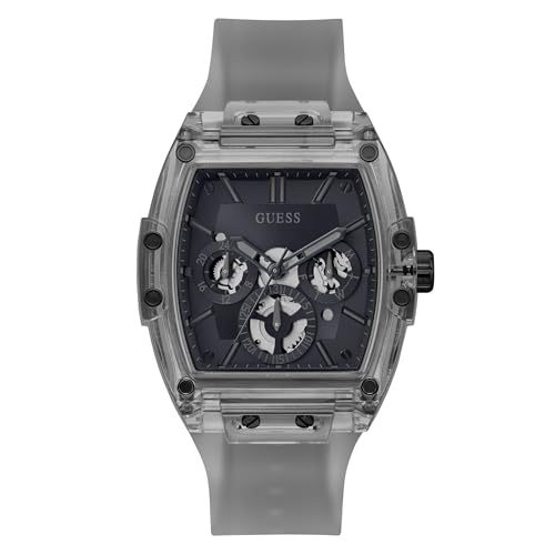 Guess Trend Casual Tonneau Diamond   Reloj para Hombre, 43 mm, Esfera Negra, Caja y Pulsera de Acero Inoxidable, Gris, Correa