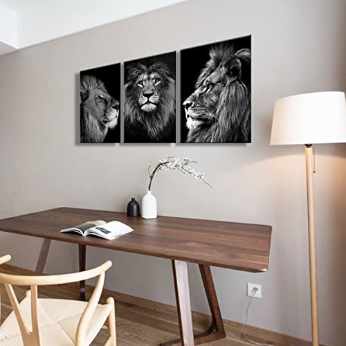 Framed 3 Pces Lion Black And White Canvas Wall Art Man's Gift Decor Africa Wild Animals Head Portrait Modern Poster Prints Painting Wall Pictures For Living Room Bedroom Hotel Home Decorate #TOP3