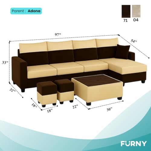 Image of Furny Arevva 8 Seater Fabric RHS L Shape Sofa Set with 1 Centre Table & 2 Puffy (Cream-Dark Brown) | Soft Velvet Fabric | Modern Design | Comfortable Seating | Living Room Furniture