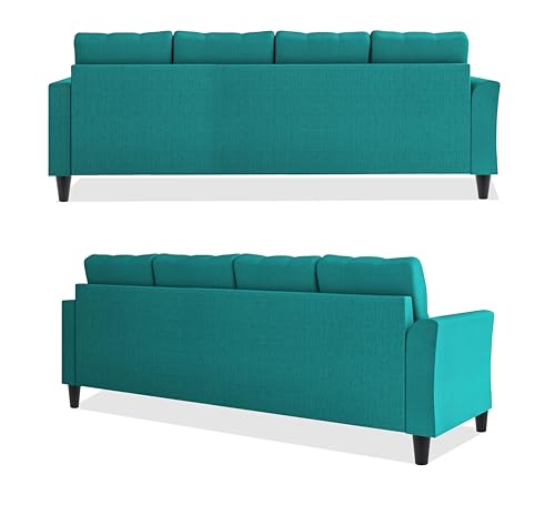 Image of Adorn India Maddox Tufted L Shape 5 Seater Sofa Wood Sofa Set RHS (Aqua Blue) (3 Year Warranty)