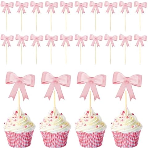 Gosknor 24pcs Pink Bow Cupcake Toppers Cover
