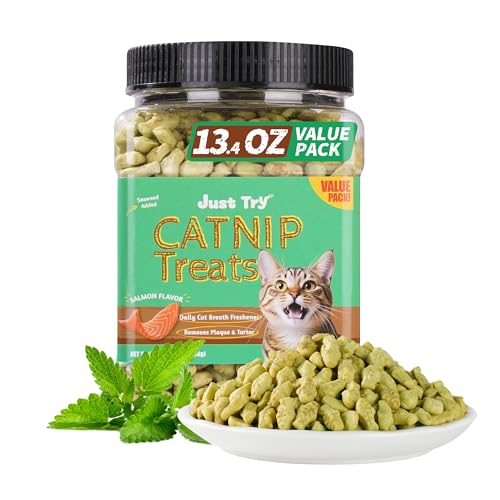 Just Try 13.4 OZ Cat Catnip Treats with Green Tea & Seaweed, Healthy Cat Breath Freshener Treats, Training Biscuits and Dental Care (Natural Salmon Flavor)