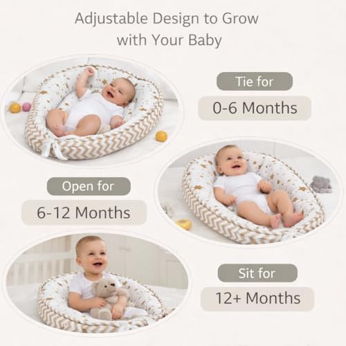 Image of Aila + Aiden Baby Lounger | Organic Cotton Infant Lounger | Reversible, Adjustable & Portable Floor Lounger |Supervised Use | Soft, Breathable, Washable Cover - Star Collection (White /Tan)